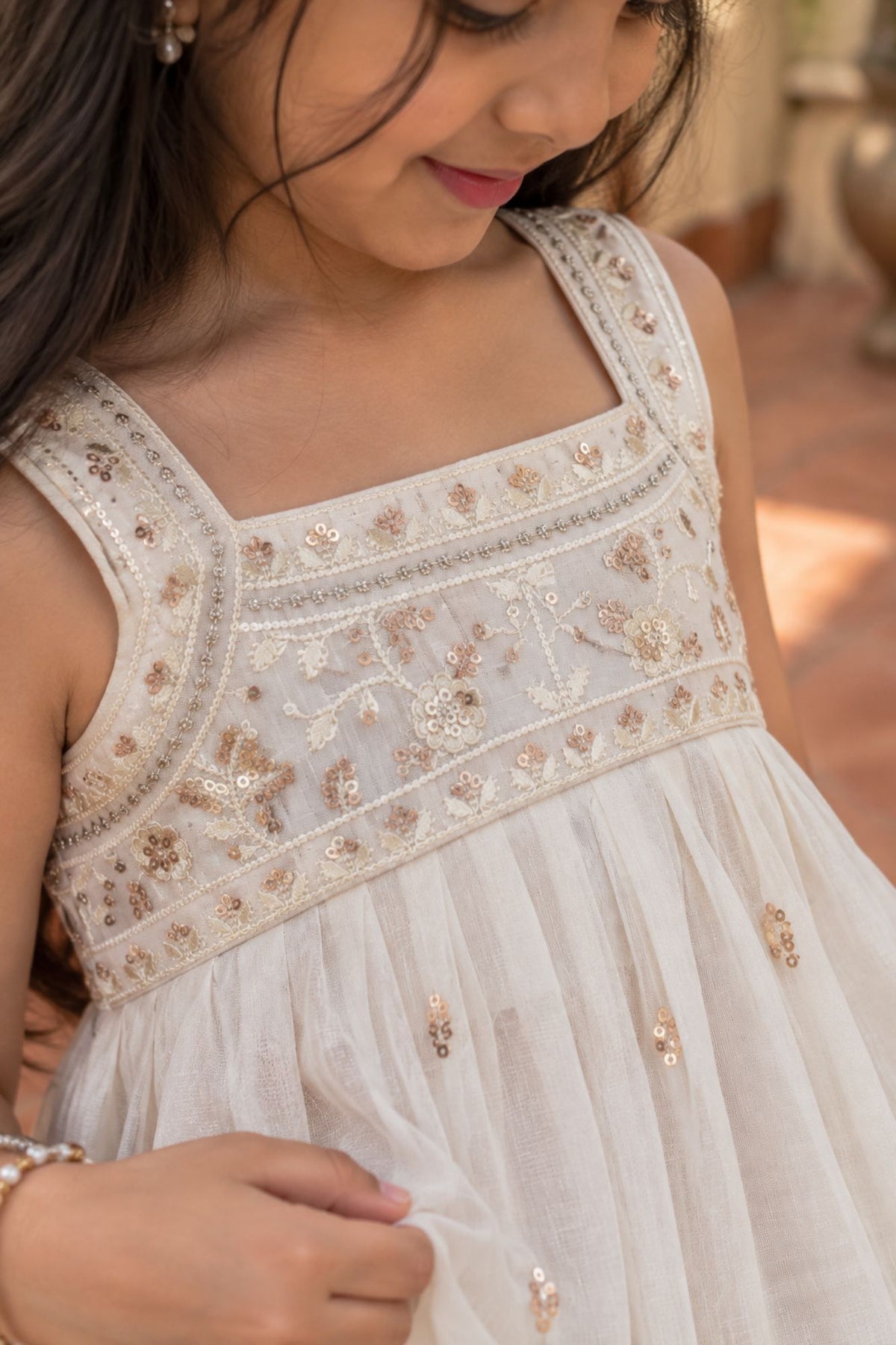 White Palazzo Set With Gold Sequin Embroidery for Girls
