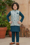 Teal Blue Kurta With White Sequin Embroidery Work Bandi Set For Boys