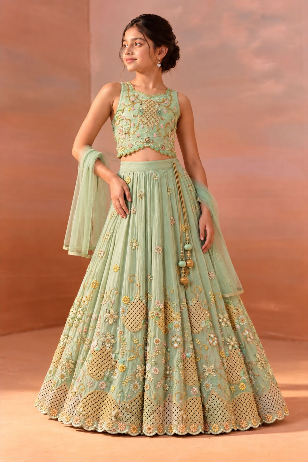 Mint Green Embroidered Lehenga Choli Set with Latkan Tie-Up For Girls