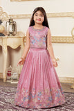 Pink Embroidered Lehenga Choli Set with Floral Thread Work For Girls