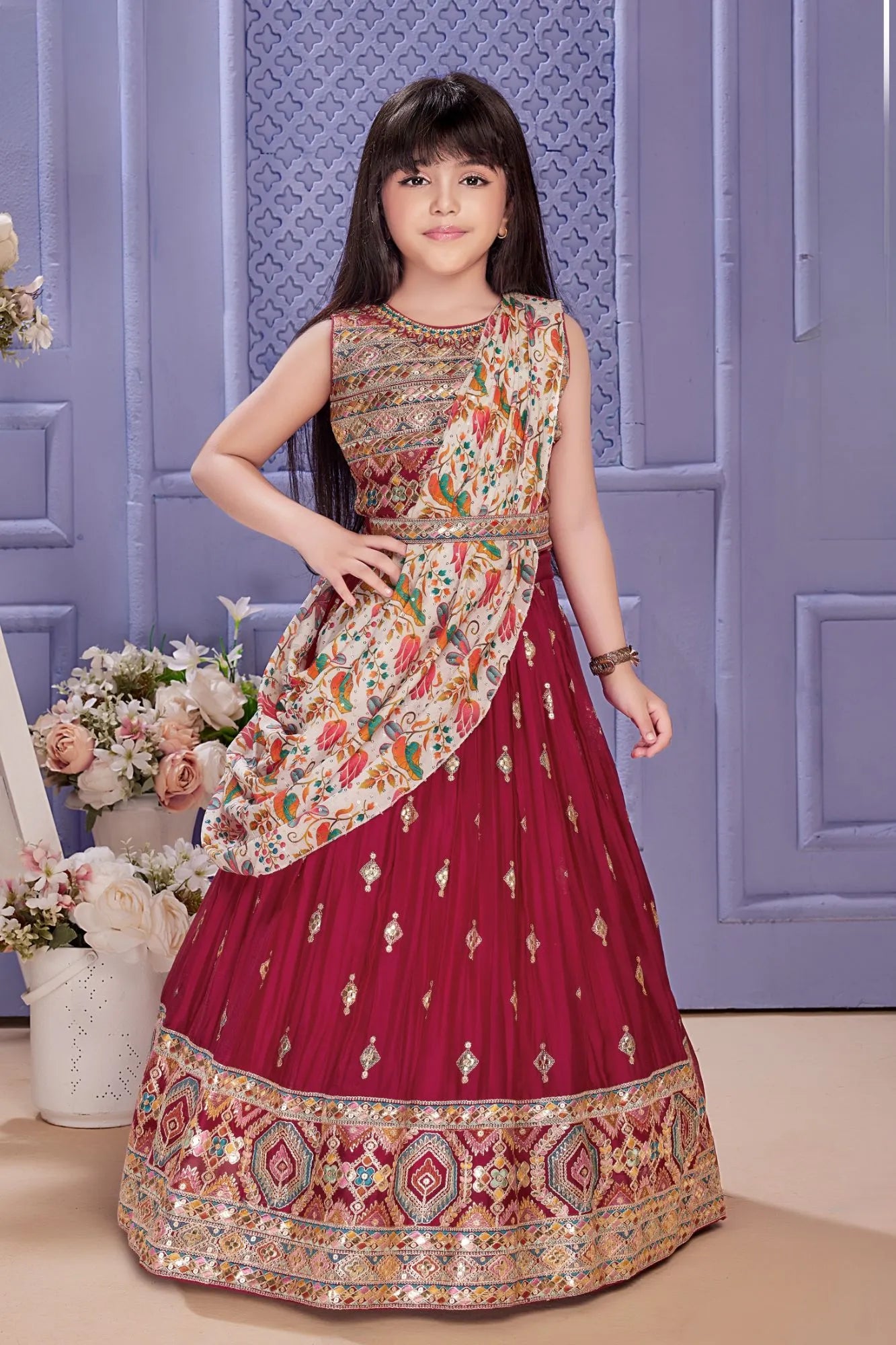 Maroon Embroidered Lehenga Choli Set with Floral Printed Draped Dupatta For Girls