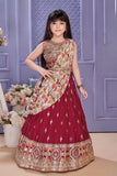 Maroon Embroidered Lehenga Choli Set with Floral Printed Draped Dupatta For Girls