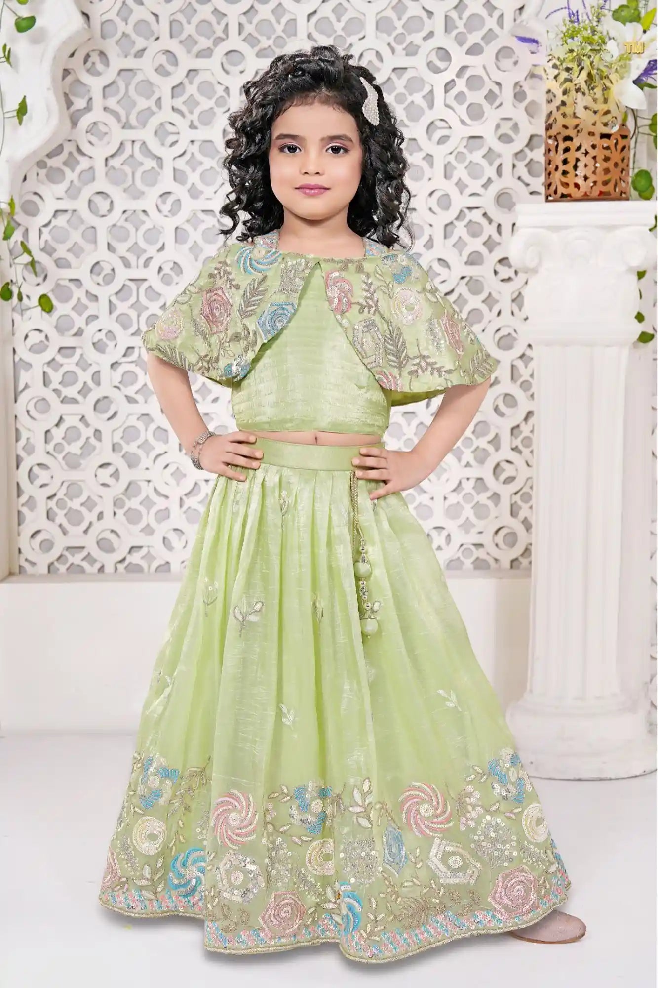 Light Green Cape Style Lehenga Choli with Pastel Sequin Embroidery For Girls