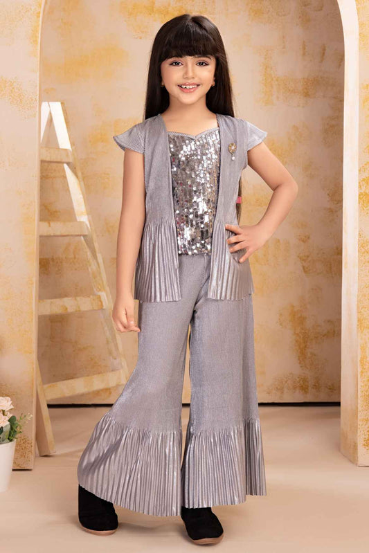 Silver Sequins Work Party Wear Palazzo Set With Overcoat For Girls