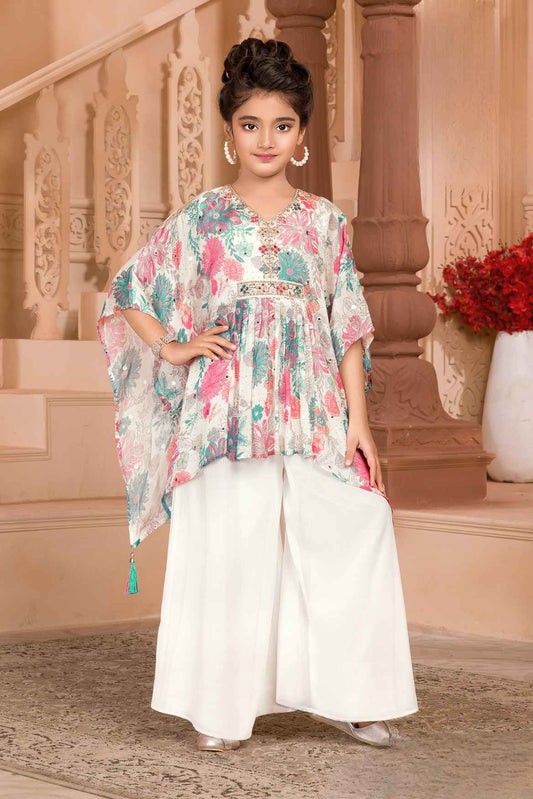 White Floral Printed And Mirror Work Kaftan Top With Palazzo Bottom Set For Girls