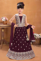 Wine Sequins Work And Embroidered Lehenga Choli For Girls