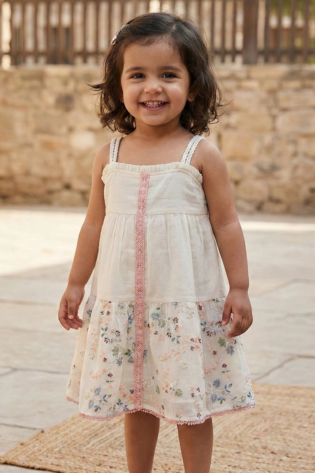 Cream Floral Strappy Dress for Girls