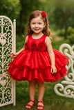 Red Floral Appliqué Tiered Frock For Girls