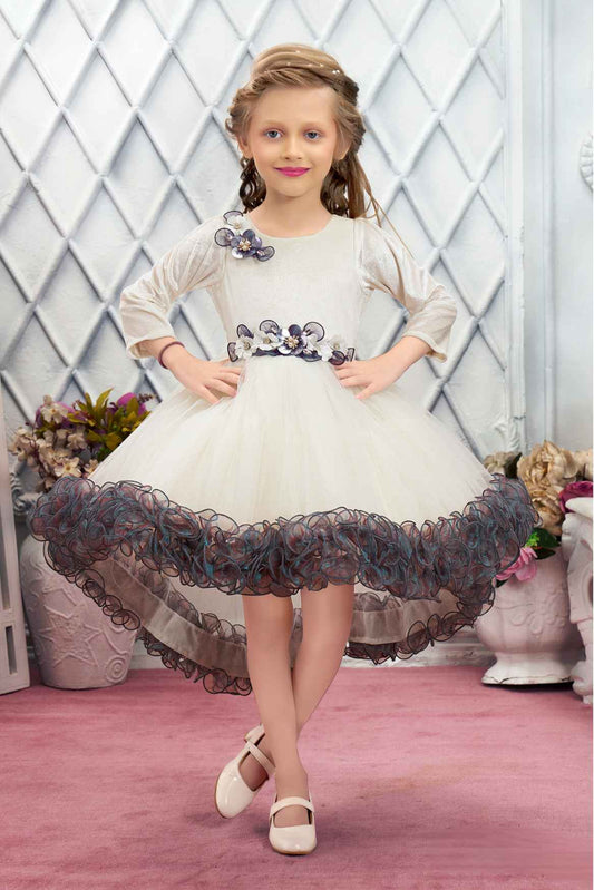 White Frock With Floral And Ruffled Embellished For Girls