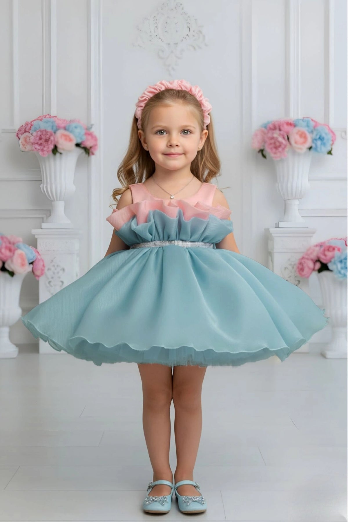 Aqua And Blush Pink Layered Party Frock For Girls