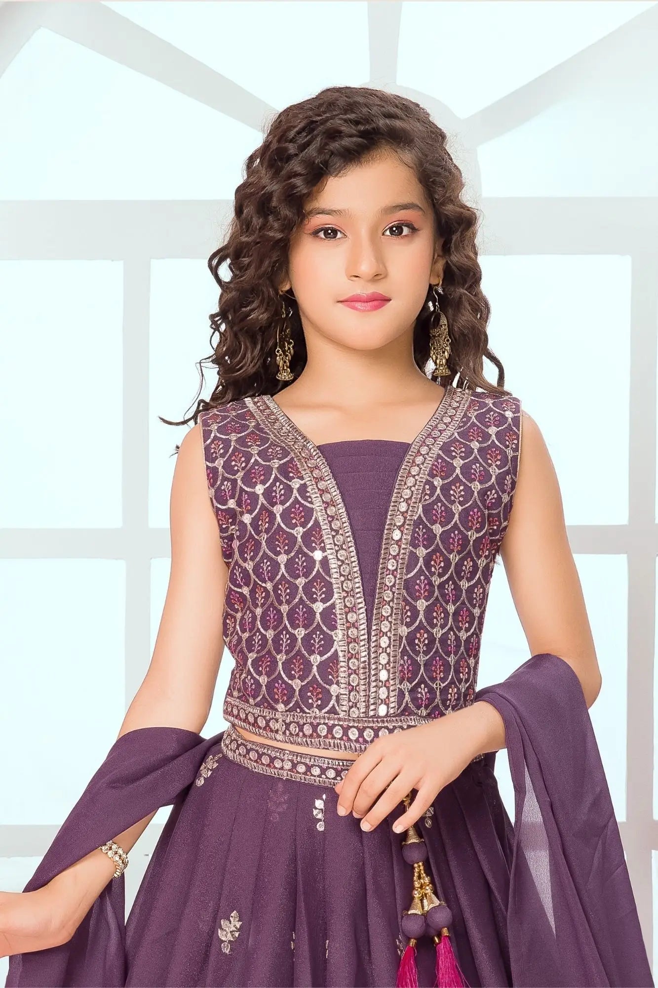 Purple Embroidered Lehenga Choli Set with Dupatta For Girls