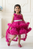 Rani Pink Floral Appliqué Layered High-Low Party Wear Frock For Girls