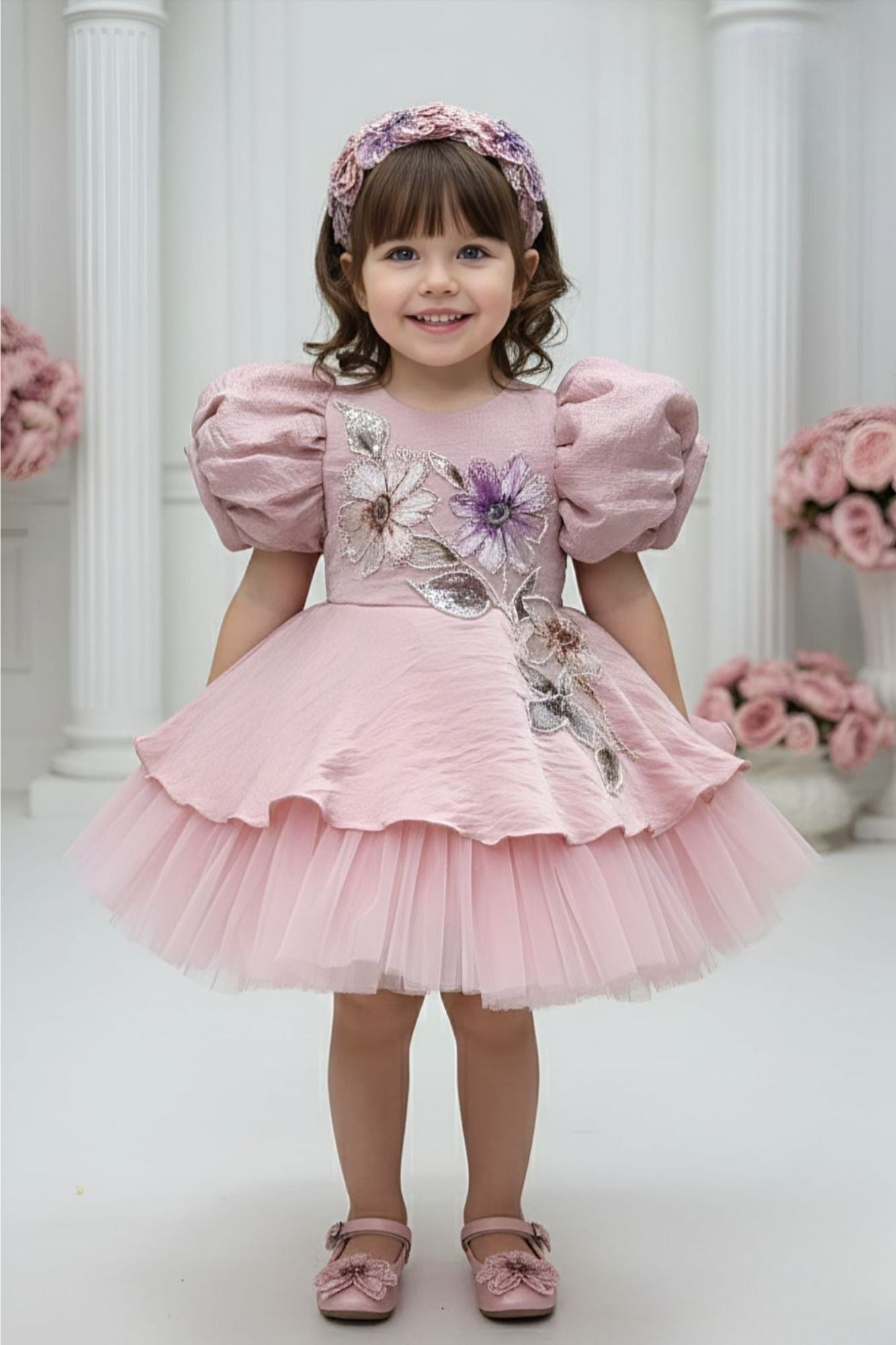 Dusty Pink Floral Embroidered Puff Sleeve Party Frock For Girls