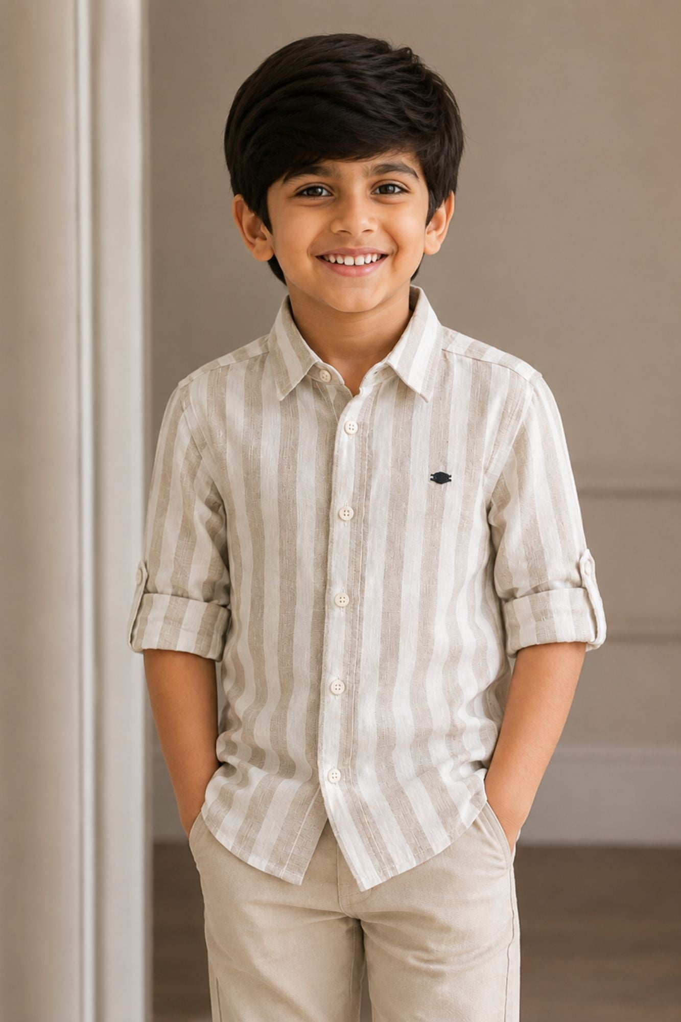 Boys Beige & White Striped Full Sleeve Casual Shirt