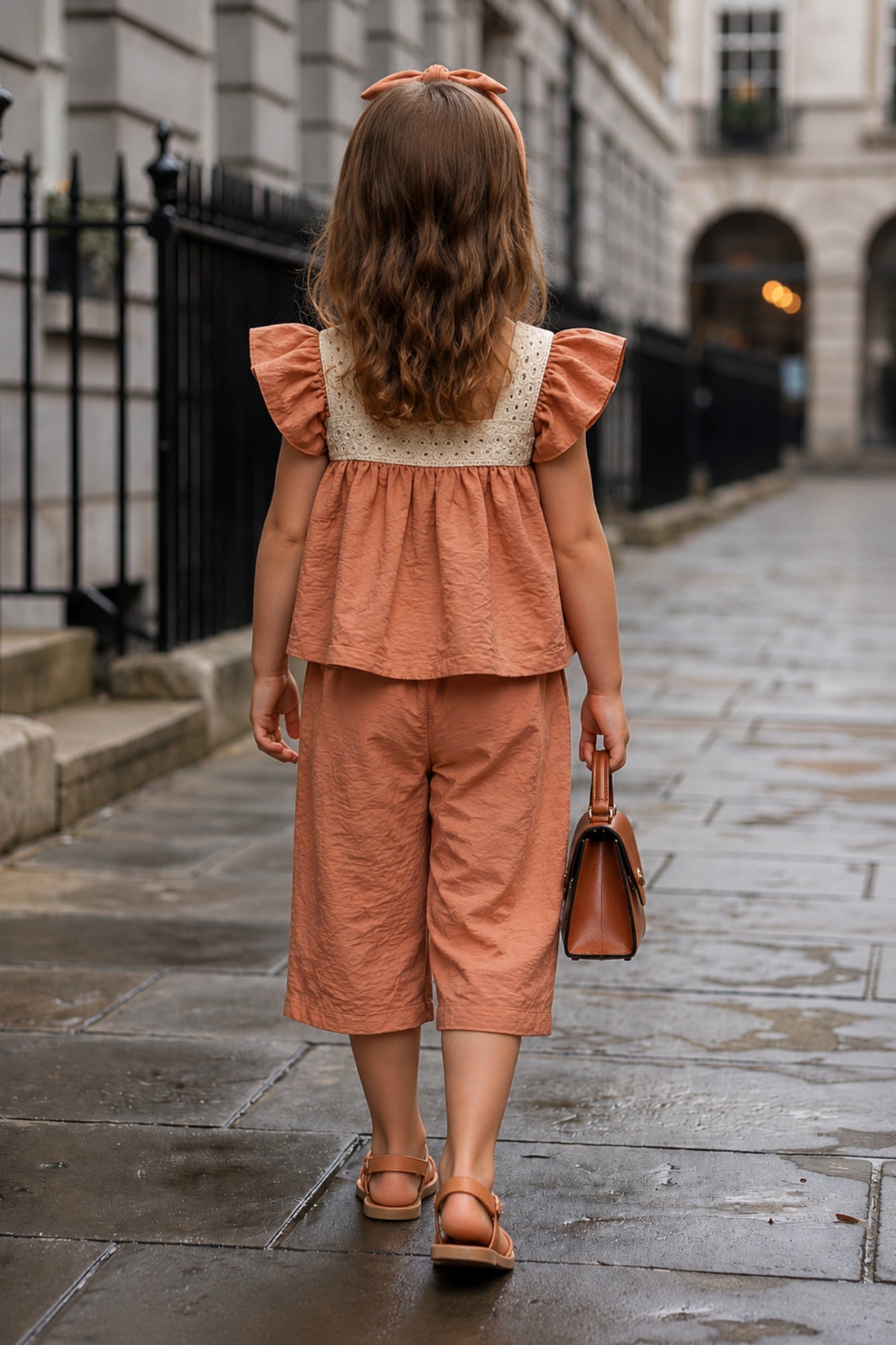 Rust Orange Lace Yoke Top and Capri Co-Ord Set