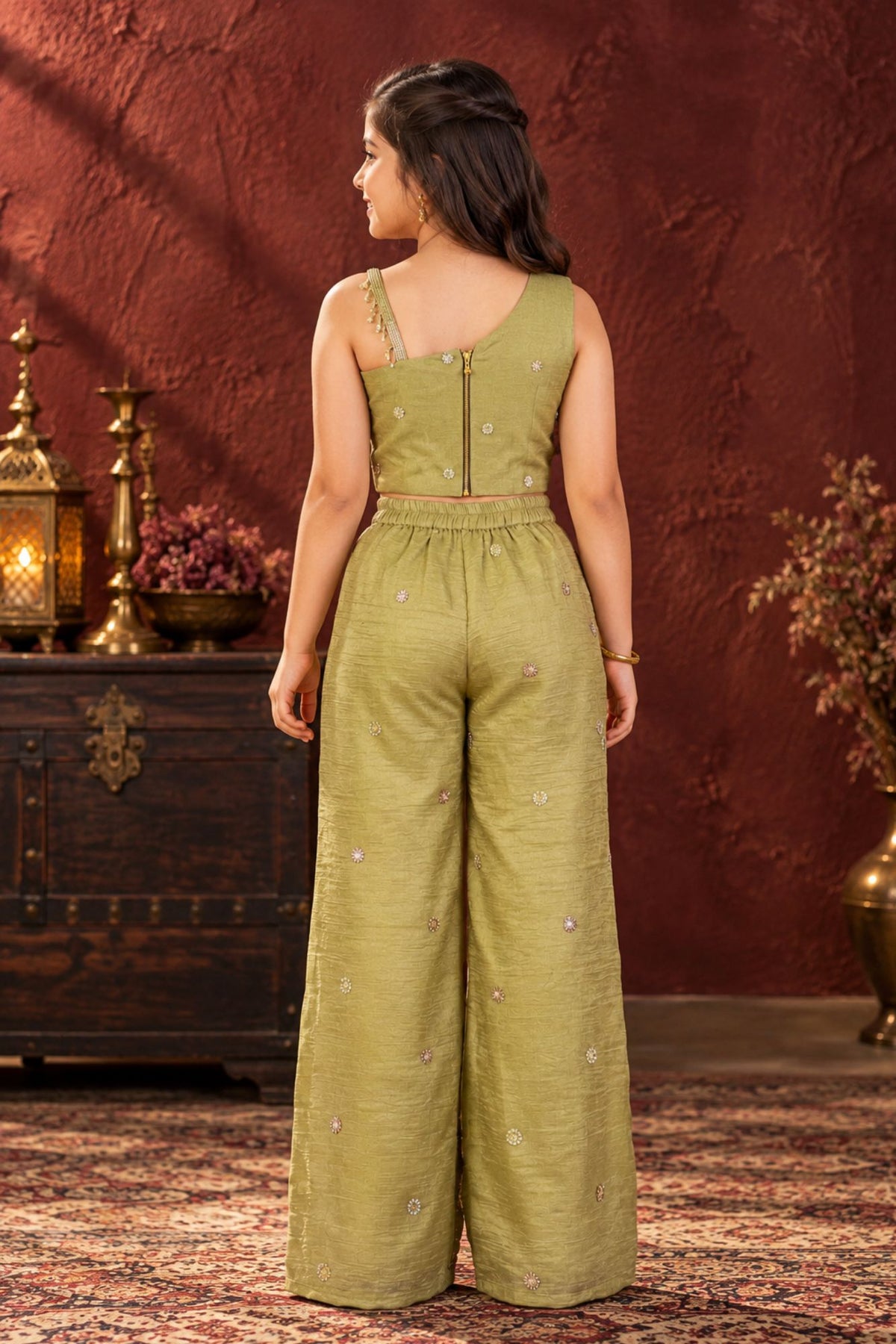 Girls Green One-Shoulder Bead And Sequin Embroidered Palazzo Set