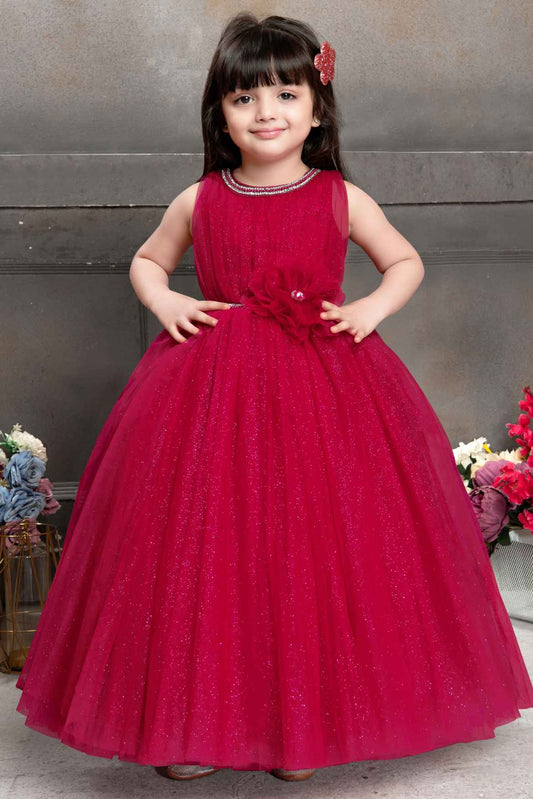Shimmer Pink Net Gown With Floral Embellishment For Girls
