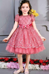 Peach Embroidered Frock With Bow Embellished For Girls