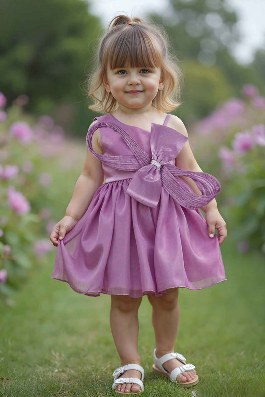 Mauve One Shoulder Bow Party Dress For Girls