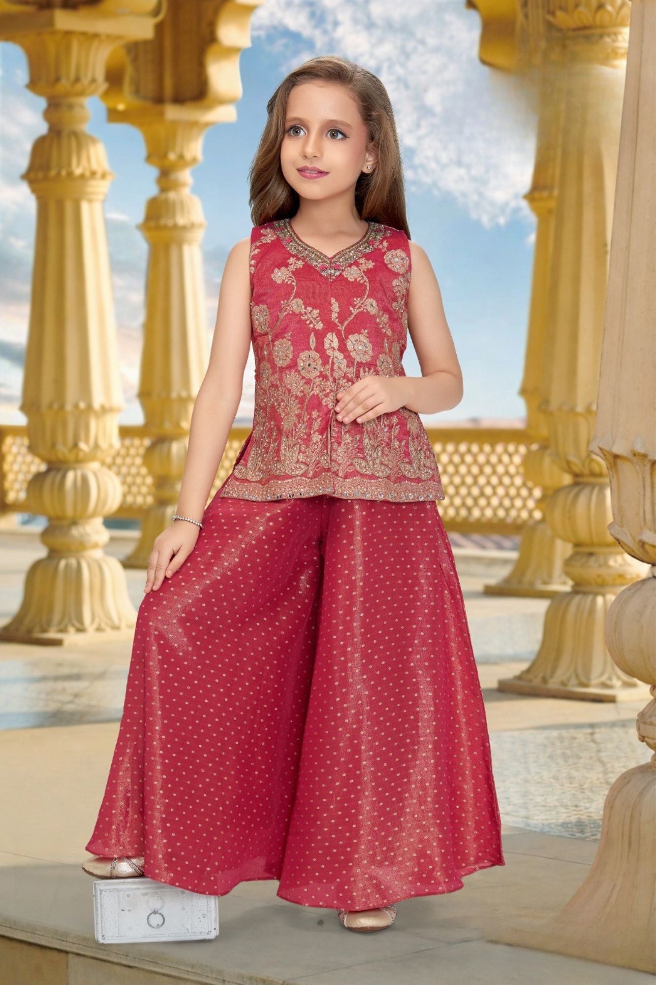 Rani Pink Embroidered Top with Flared Palazzo Set For Girls