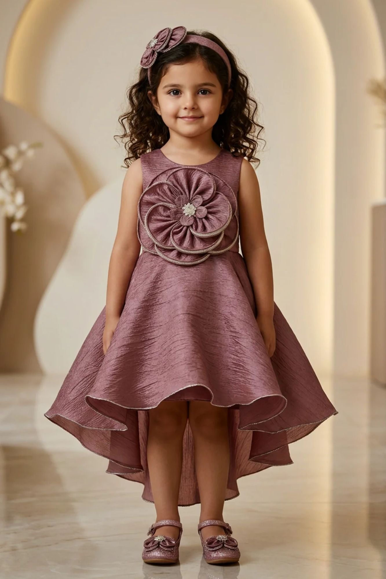 Girls Copper High Low Party Frock with 3D Floral Applique