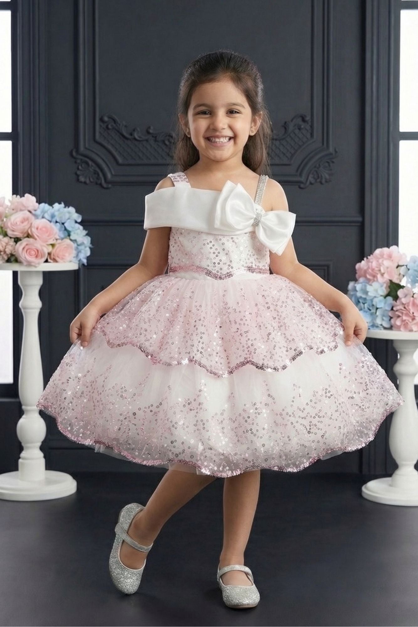 Pink Sequin Layered Ruffle Party Wear Frock With Statement Bow For Girls