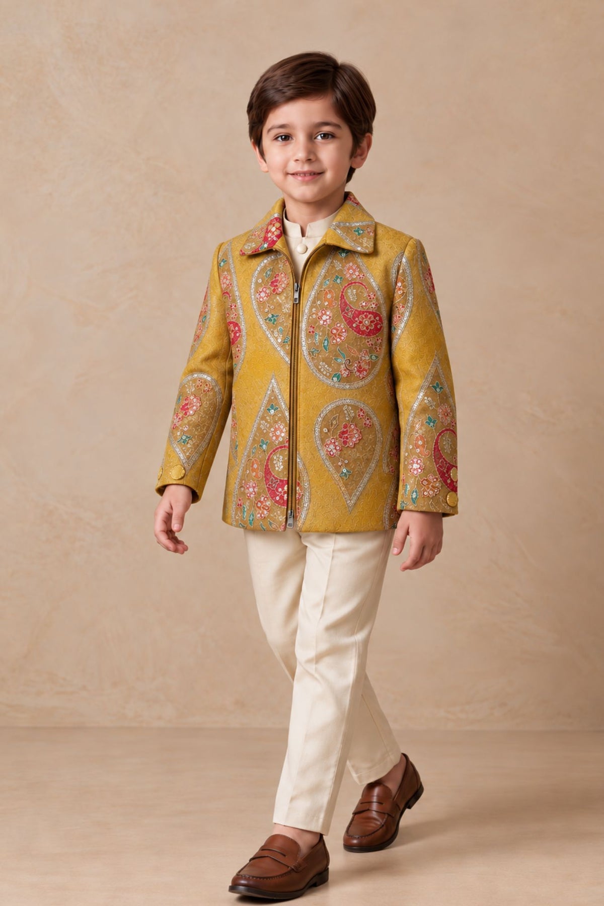 Boys Mustard Yellow Embroidered Jodhpuri Suit