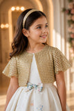 Ivory Floral Party Wear Frock with Golden Jacket And Bow Waist Accent For Girls