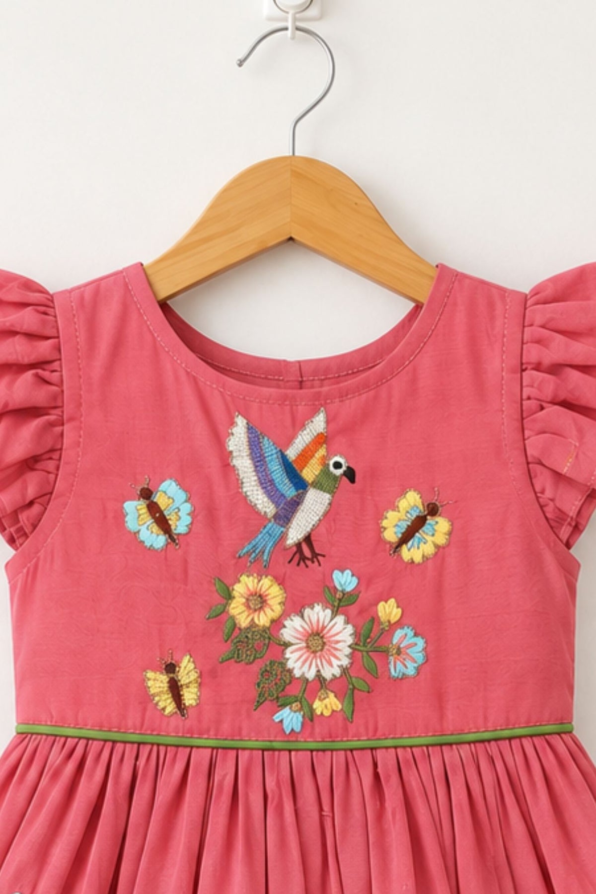 Onion Pink Embroidered Ruffle Sleeve Flared Dress For Girls