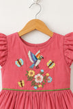 Onion Pink Embroidered Ruffle Sleeve Flared Dress For Girls
