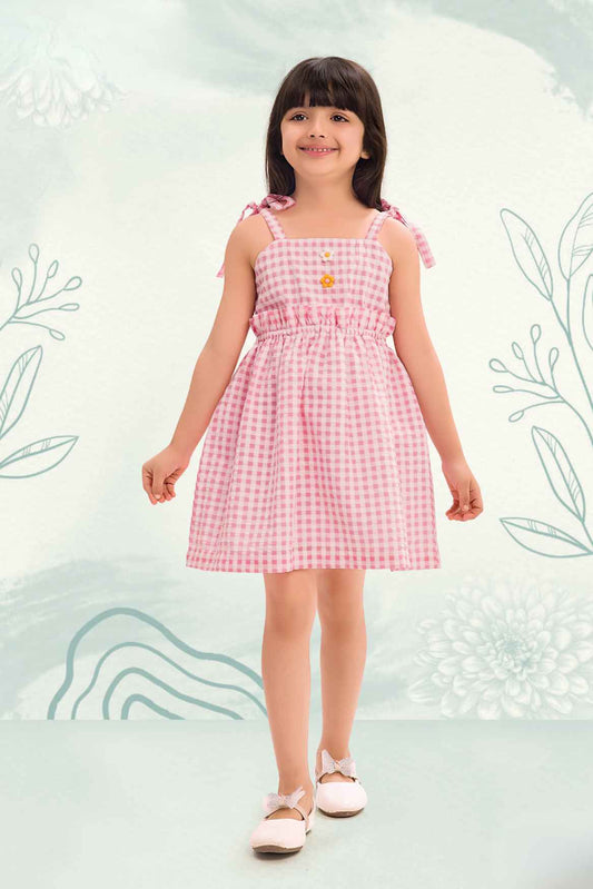 Pink And White Checked Cotton Frock For Girls