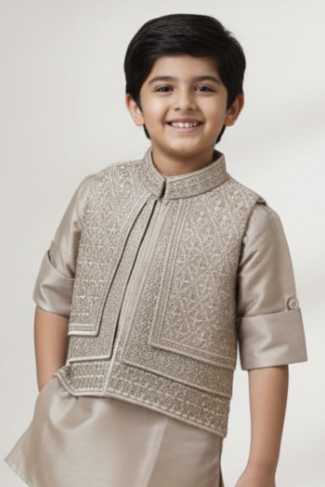 Fawn Embroidered Kurta Pajama Set with Ethnic Jacket for Boys