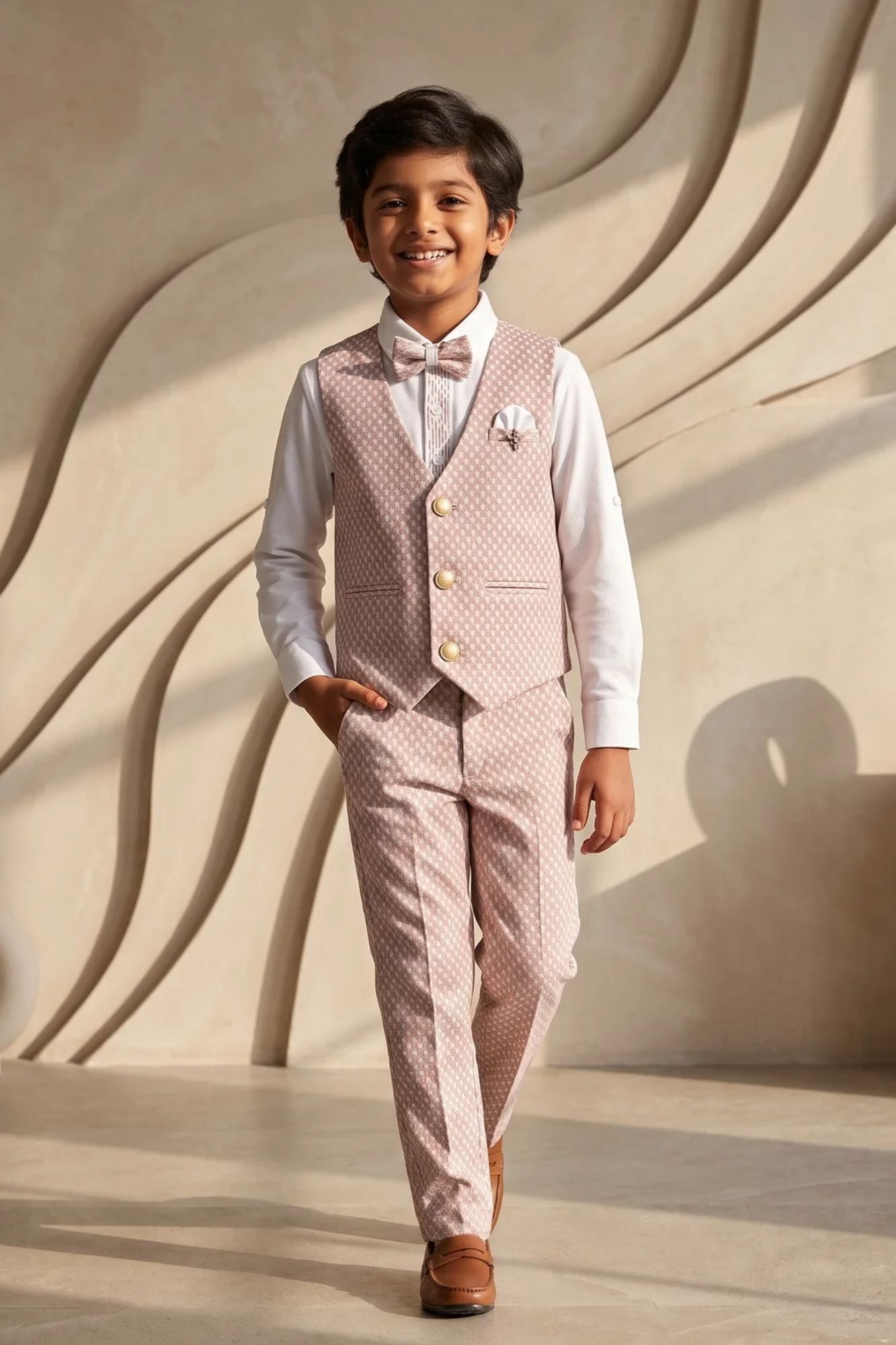 Boys Peach Waistcoat Suit Set with Bow Tie