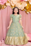Ethnic Pista Green Brocade Gown With Sequin Embroidery For Girls
