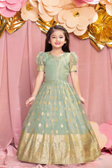 Ethnic Pista Green Brocade Gown With Sequin Embroidery For Girls