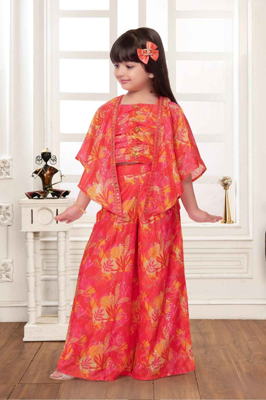 Multicolor Sequined Top And Palazzo Set With Overcoat For Girls