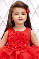 Red Multilayered Frock With Floral Embellished For Girls