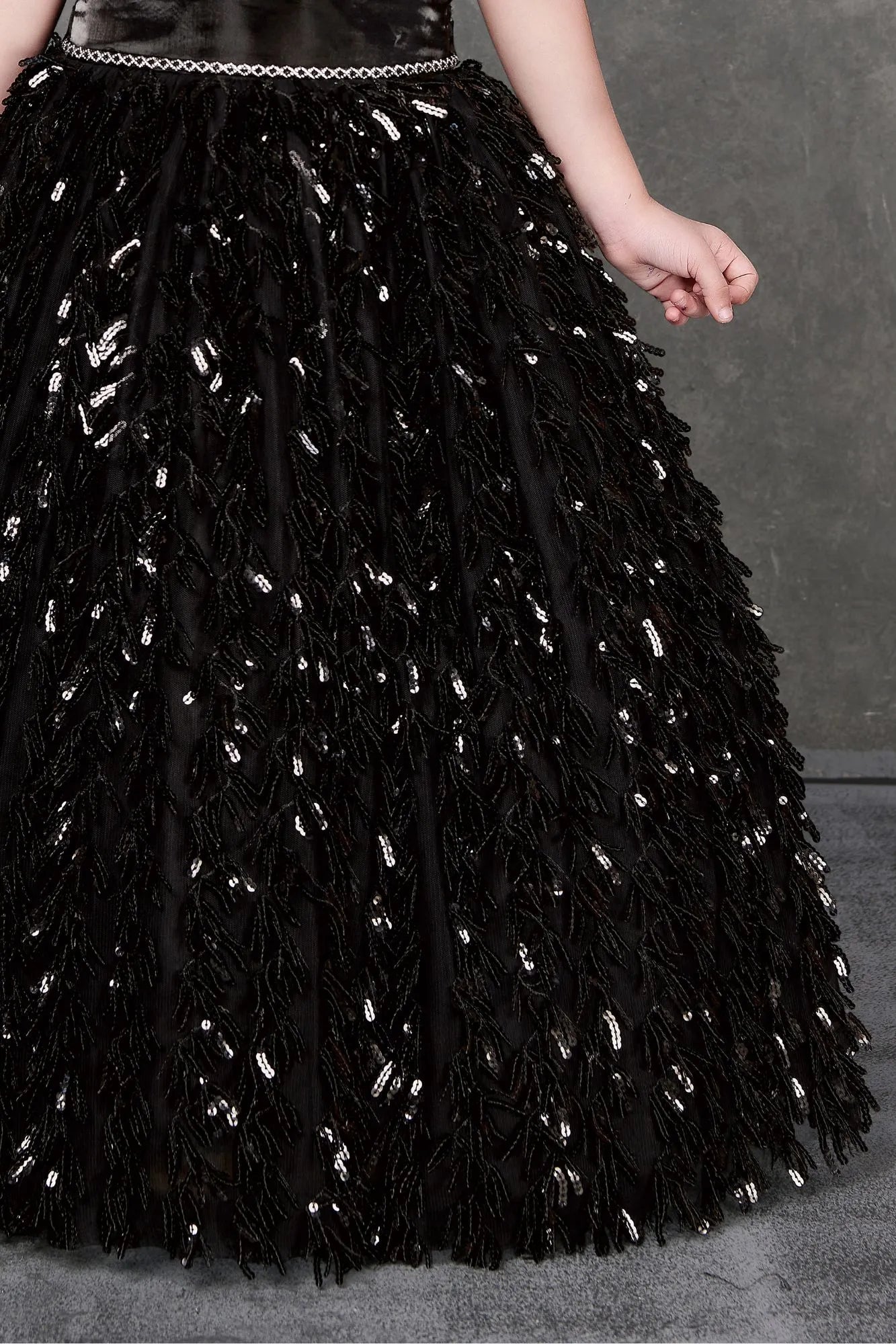 Midnight Sparkle Black Sequin Off-Shoulder Party Gown For Girls