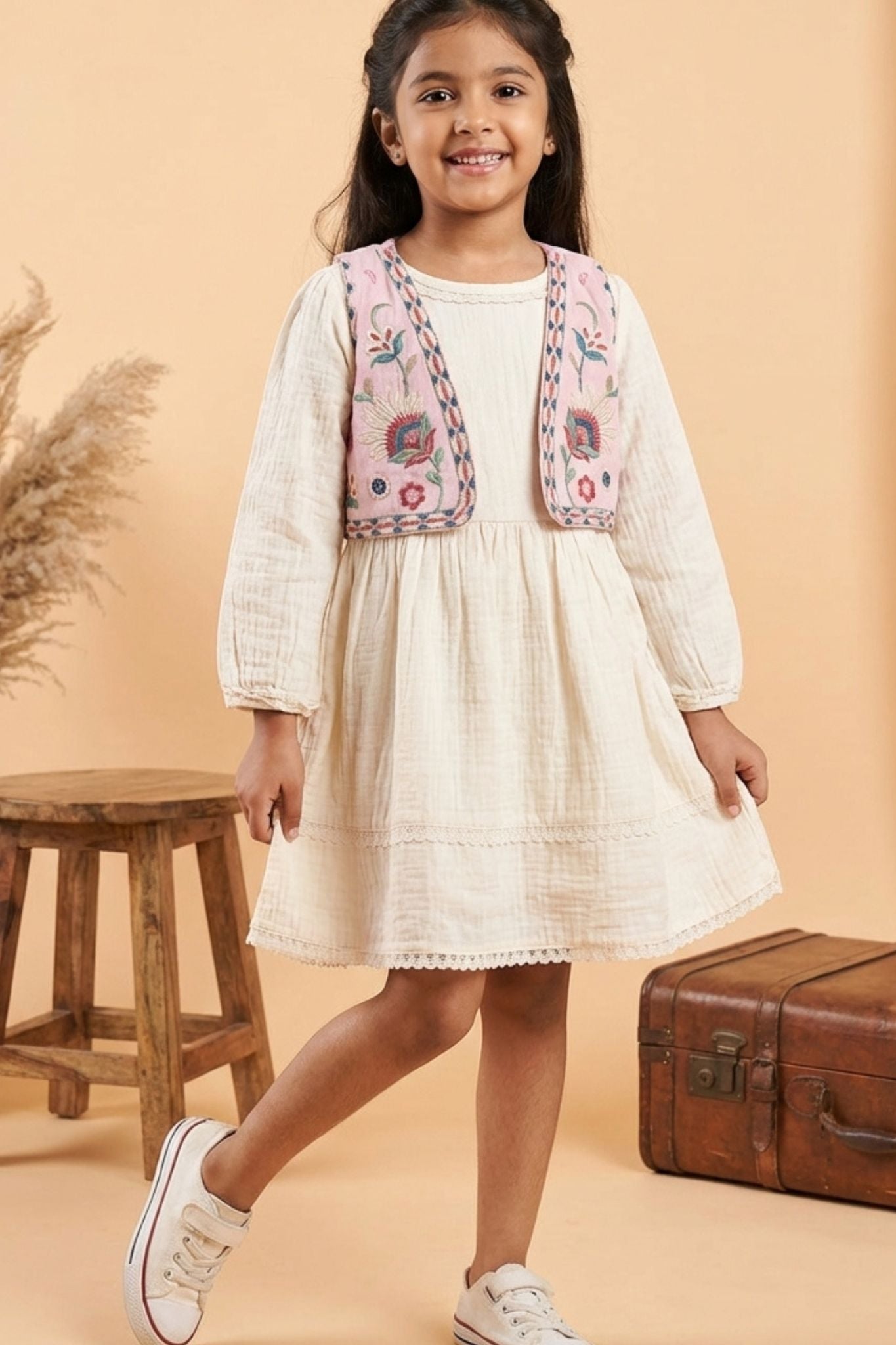 Casual White Cotton Dress With Embroidered Jacket For Girls 5-6Y (26)