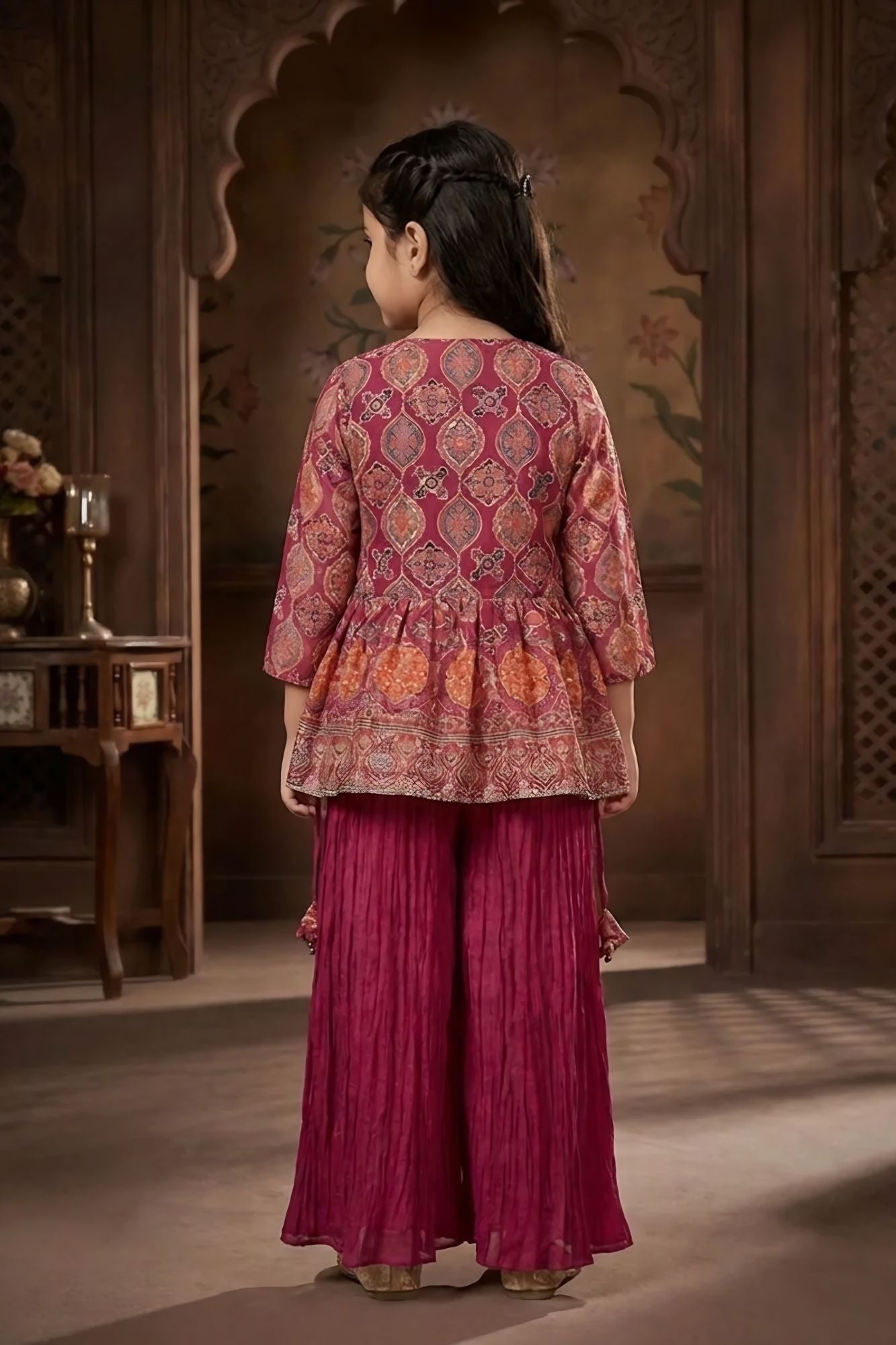 Girls Maroon Embroidered Palazzo Set with Ethnic Jacket