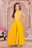 Yellow Embroidered Crop Top with Palazzo Pant For Girls