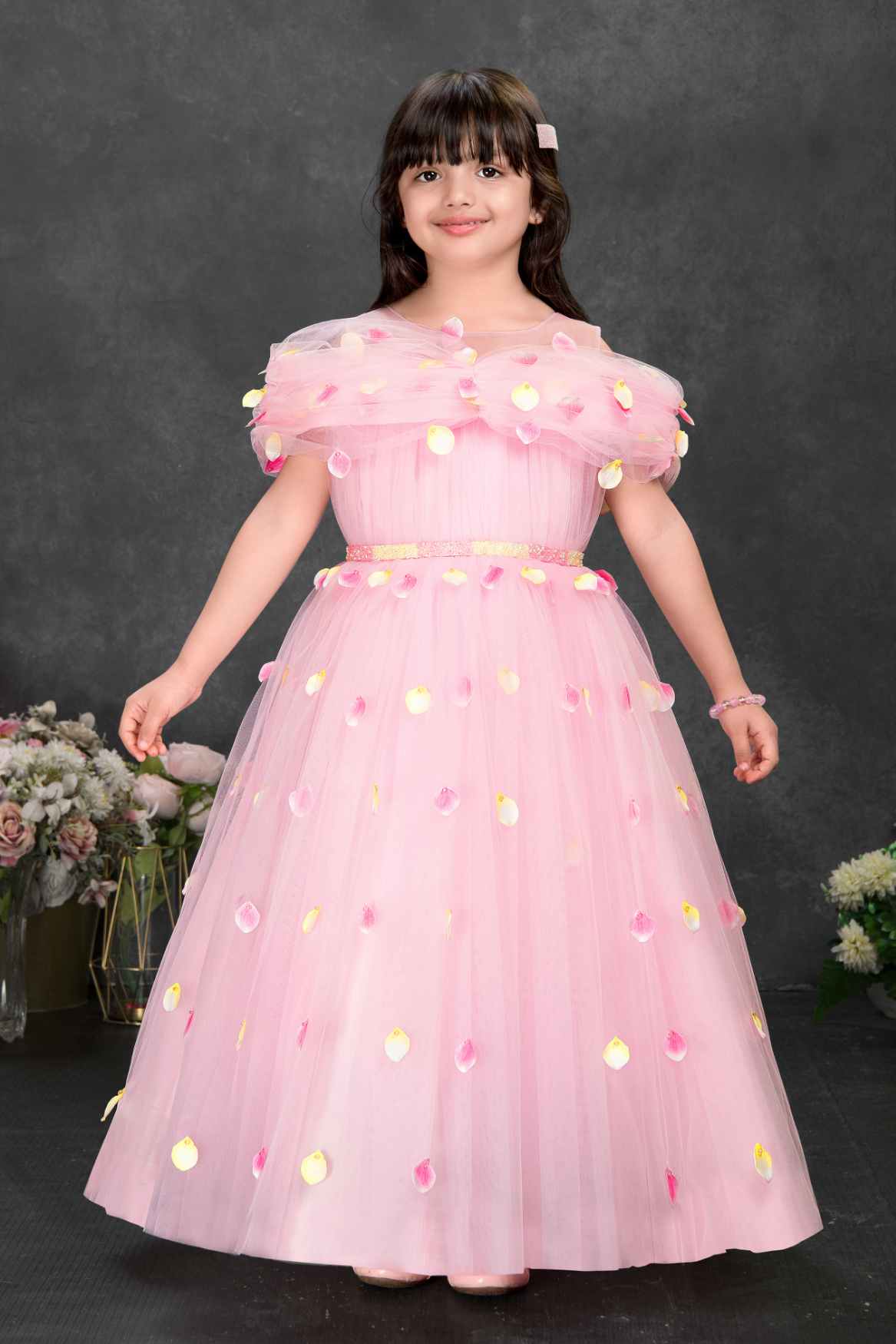 Pink Floral Petal Embellished Party Gown With Cape Overlay For Girls