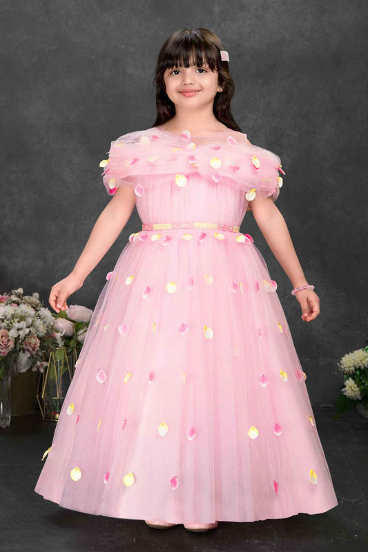 Pink Floral Petal Embellished Party Gown With Cape Overlay For Girls