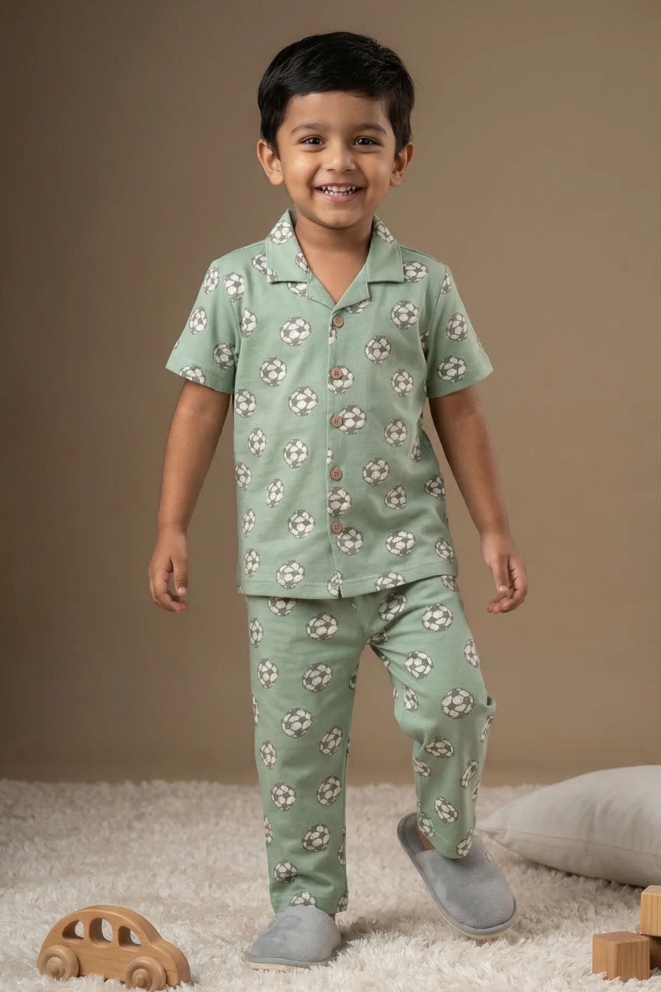Green Football Print Cotton Night Suit Set For Boys