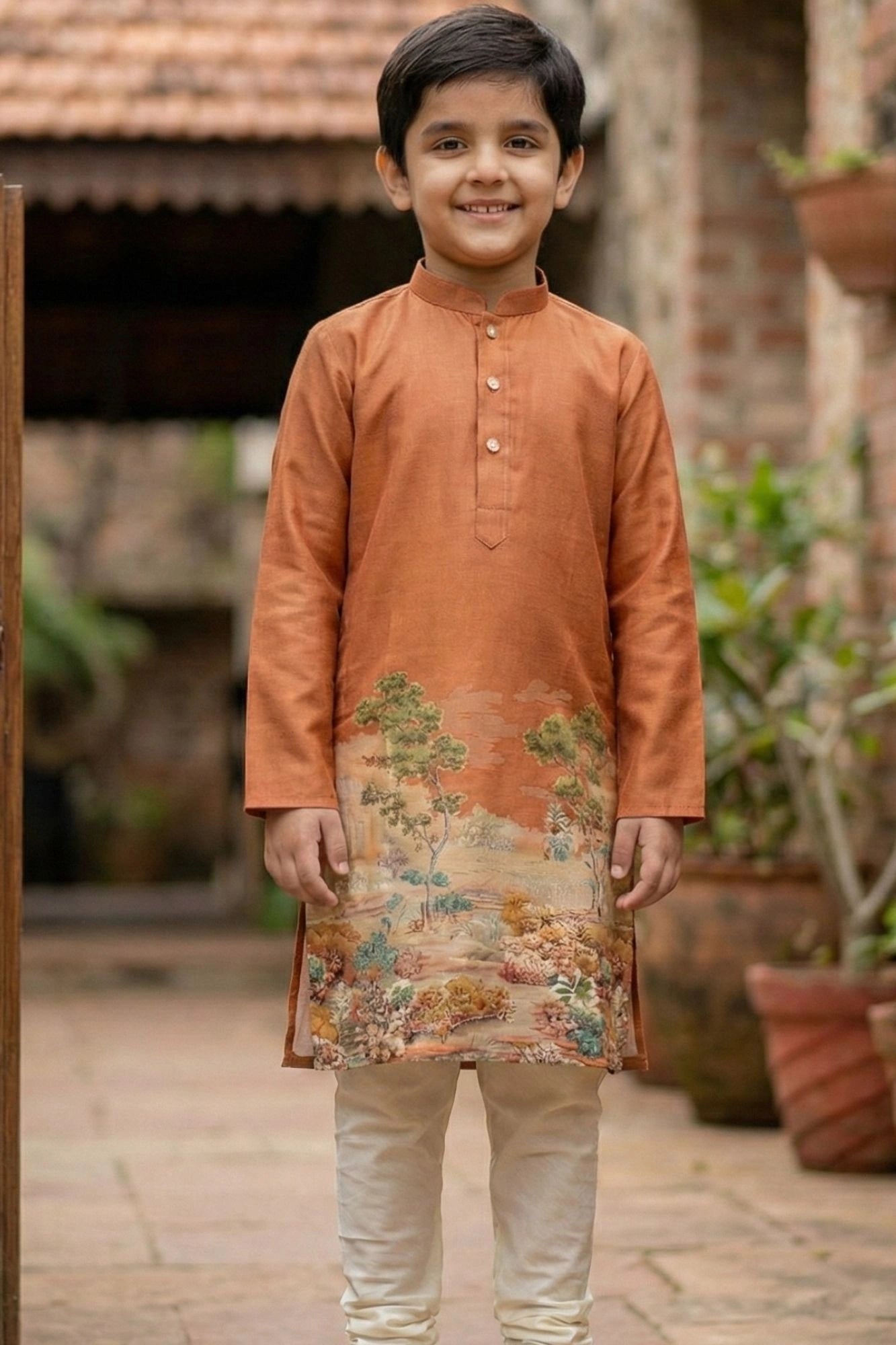 Orange Scenic Print Kurta With Cream Pajama Set For Boys