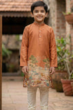 Orange Scenic Print Kurta with Cream Pajama Set For Boys