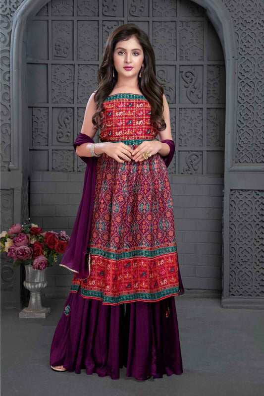 Purple And Red Ethnic Printed Palazzo Set For Girls