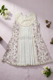 Cream And Lilac Floral Printed Dress with Lace Detailing For Girls
