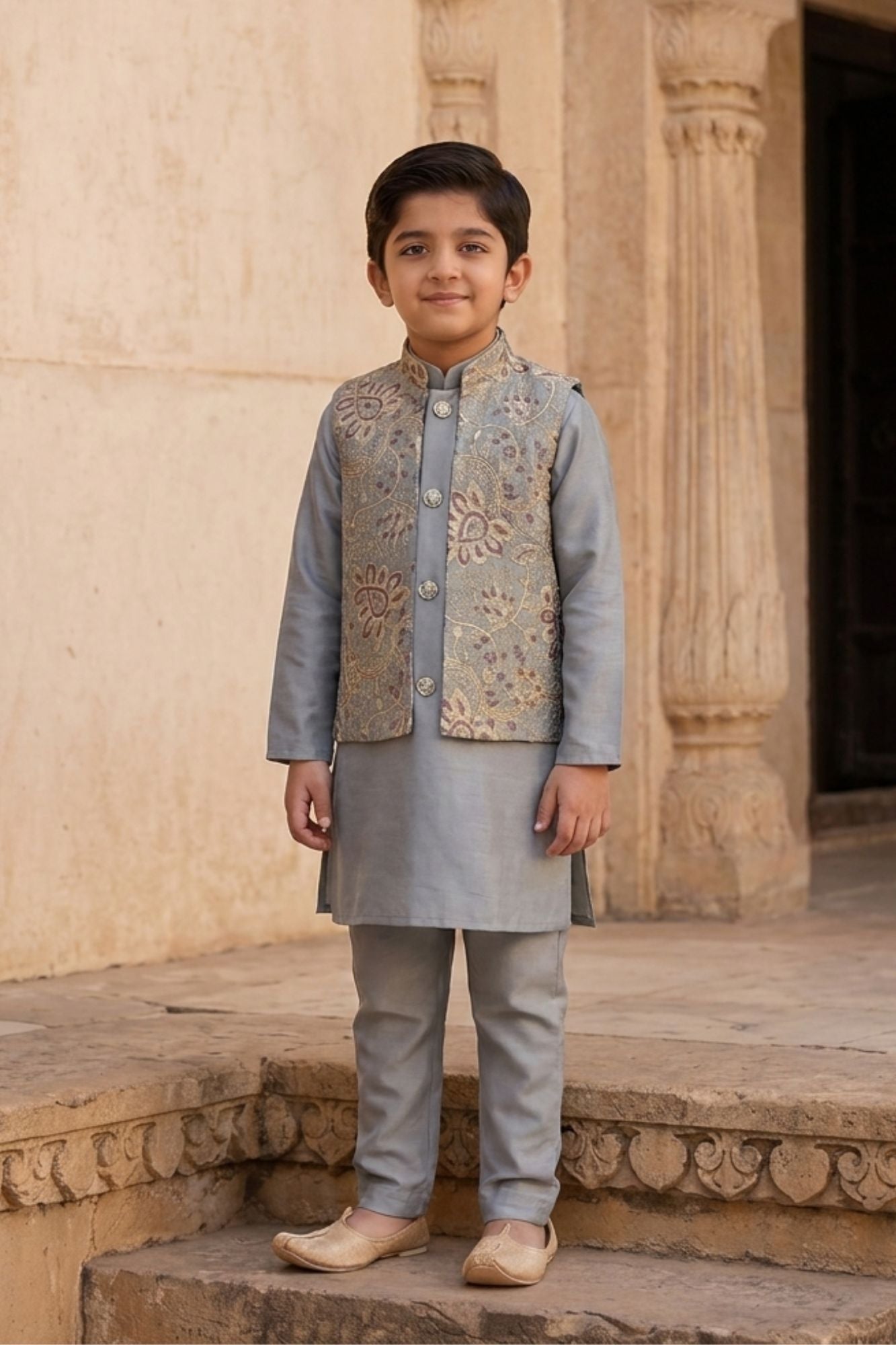 Boys Grey Floral And Paisley Embroidered Kurta Set with Nehru Jacket
