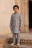 Boys Grey Floral And Paisley Embroidered Kurta Set with Nehru Jacket